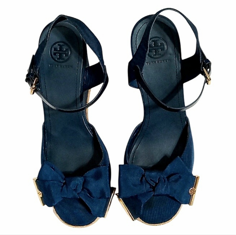 Tory Burch Penny Cork Wedge Sandals in Newport Navy Sz 10 - Picture 5 of 14